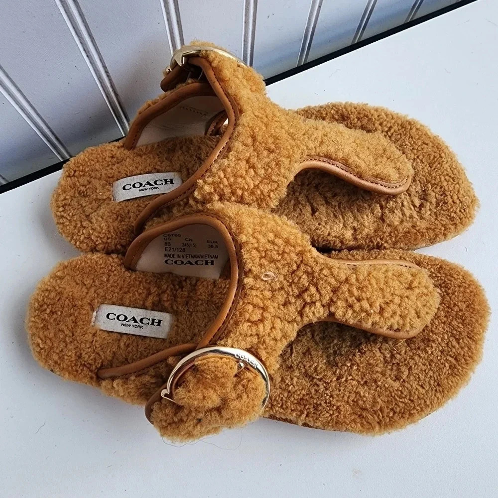 Coach Womens Hollie Butter Scotch Leather Thong Sandals Shoes Yellow Sz 8 - Picture 3 of 12